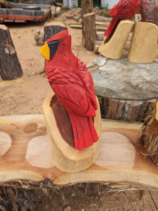 Chainsaw Carved Cardinal Birds